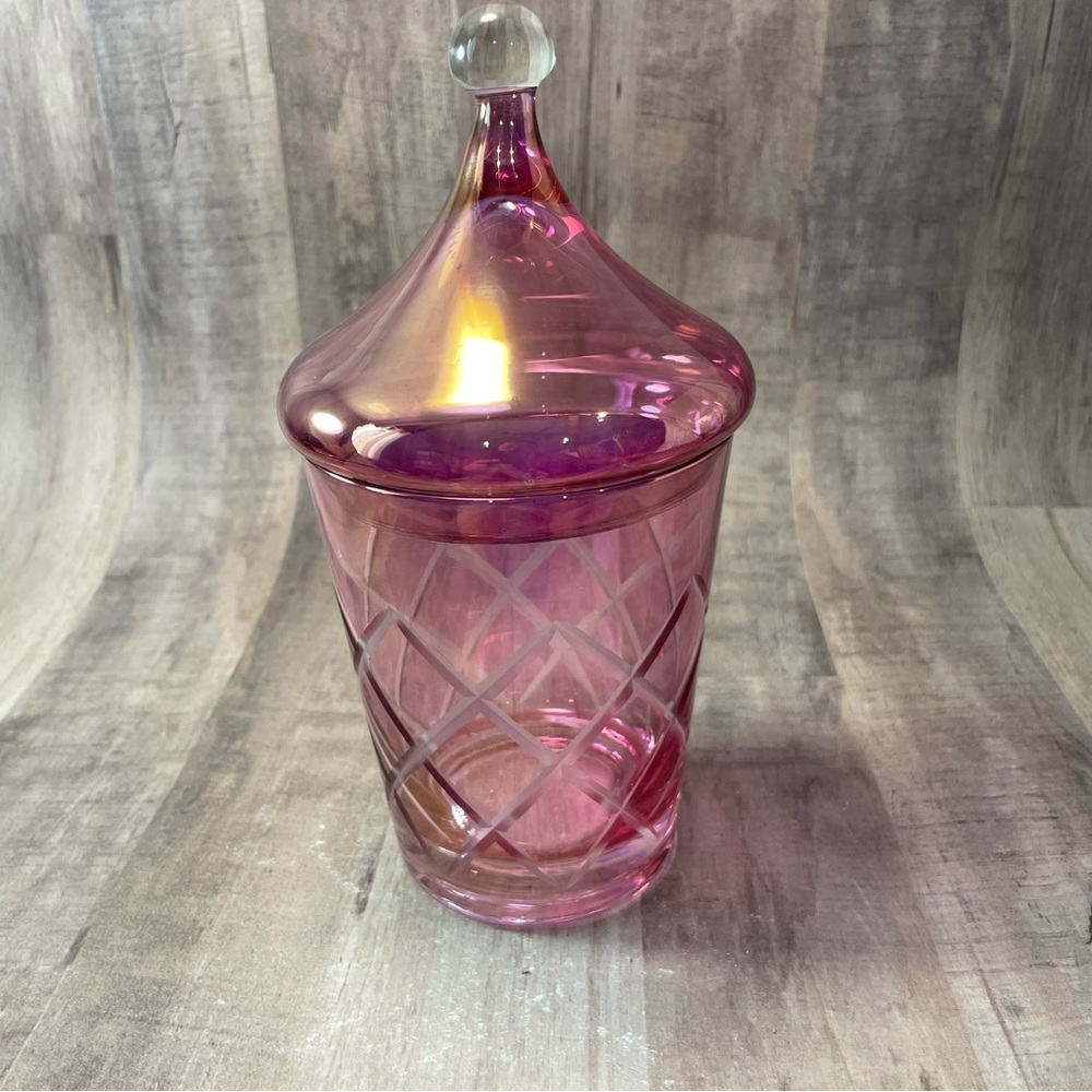 VTG MCM Iridescent Flashed Cranberry Pink Etched Covered Candy Dish 7.5" w/ Lid